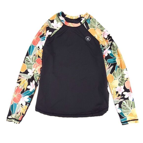 NEW Hurley Long Sleeve Rash Guard Surf Swim Top UPF 50 Womens Small Black Floral - Picture 1 of 8